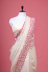 White Floral Embroidered Organza Silk Saree