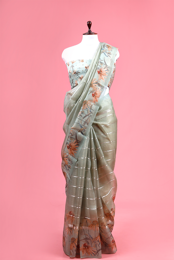 Sage Green Floral Printed Organza Silk Saree By Chinaya Banaras