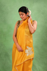Yellow Organza Silk Saree with Gota Patti Floral Work