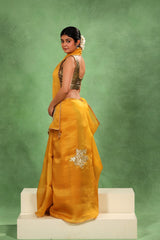 Yellow Organza Silk Saree with Gota Patti Floral Work