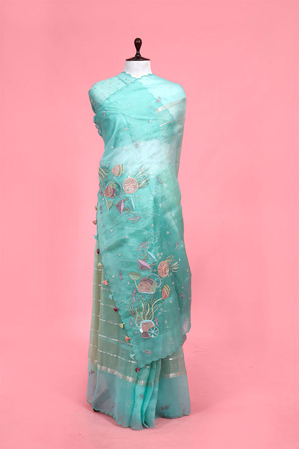 Blue Marine Embellished Organza Silk Saree By Chinaya Banaras