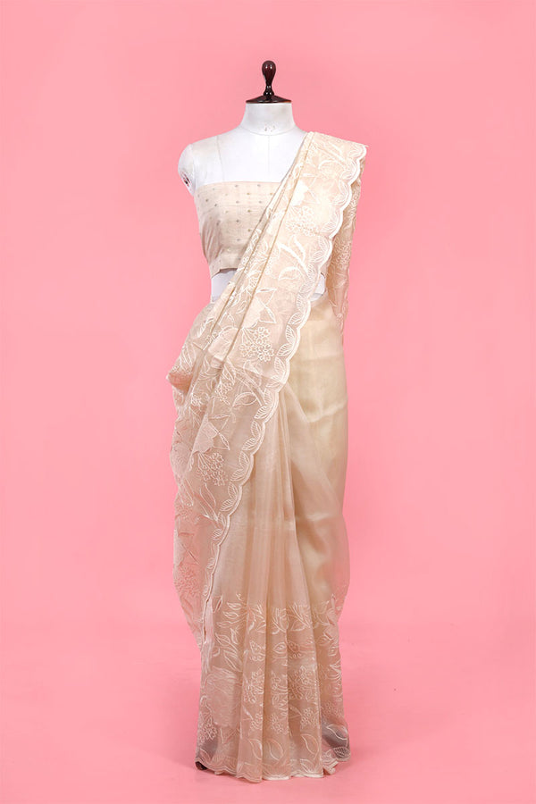 White Applique Organza Silk Saree