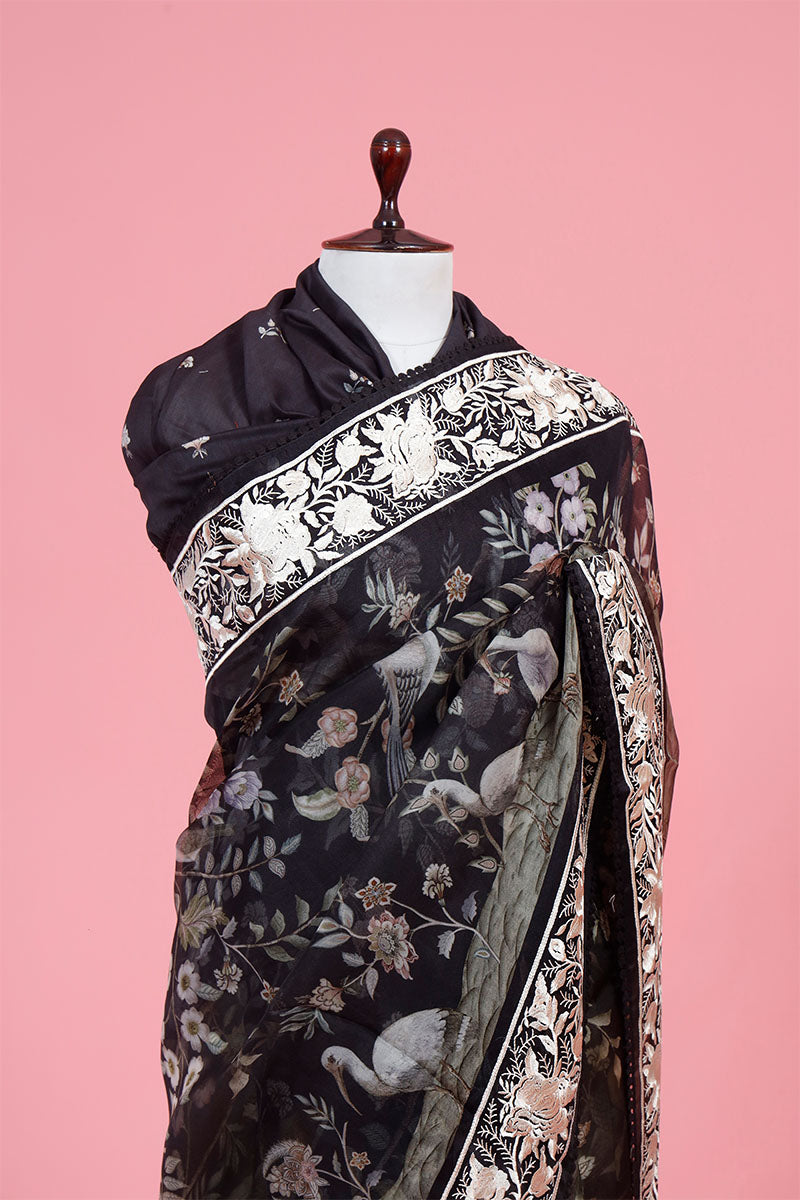 Black Embroidered Floral Printed Organza Silk Saree