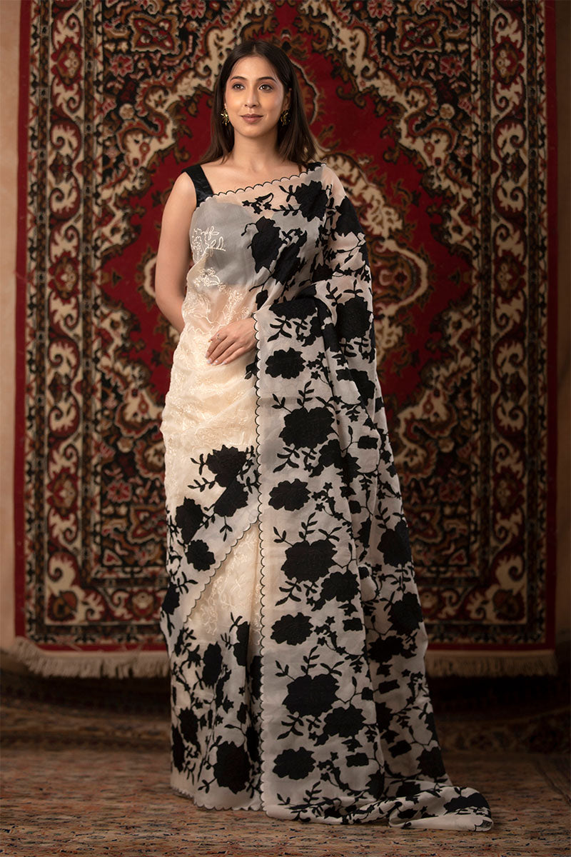 White Applique Organza Silk Saree