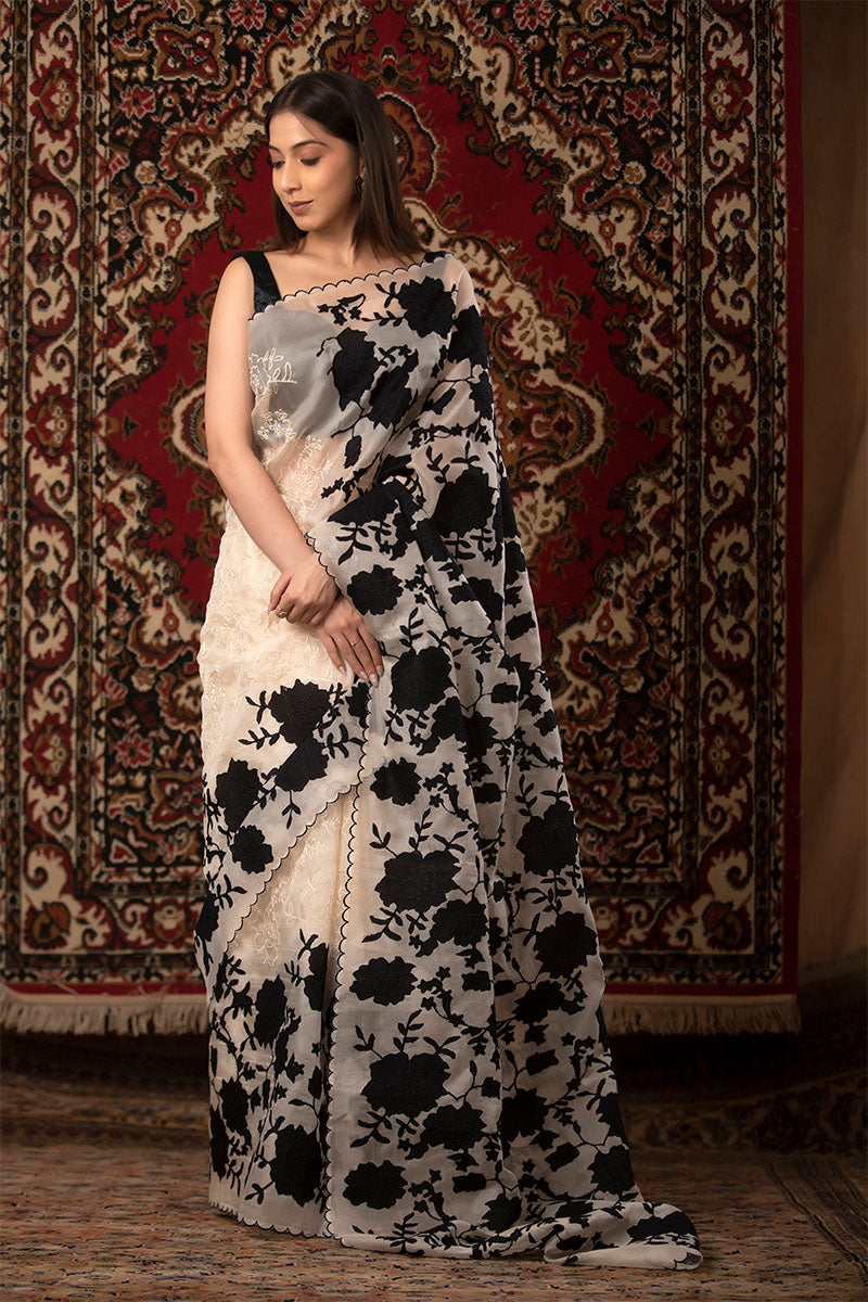 White Applique Organza Silk Saree