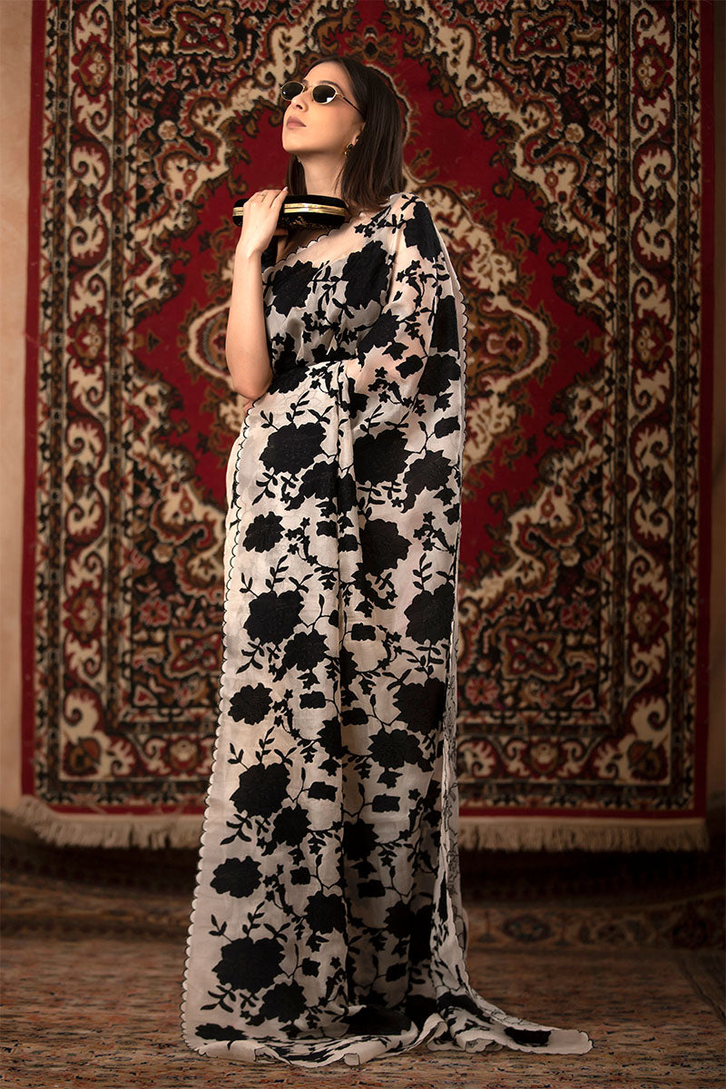 White Applique Organza Silk Saree