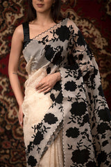 White Applique Organza Silk Saree