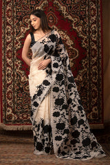 White Applique Organza Silk Saree
