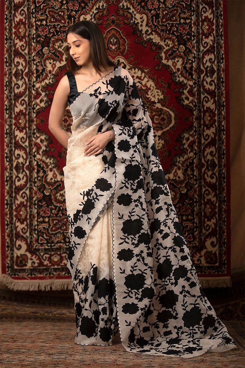 White Applique Organza Silk Saree