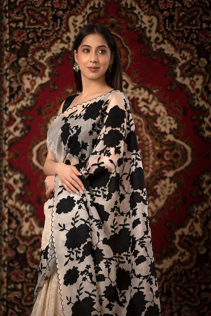 White Applique Organza Silk Saree