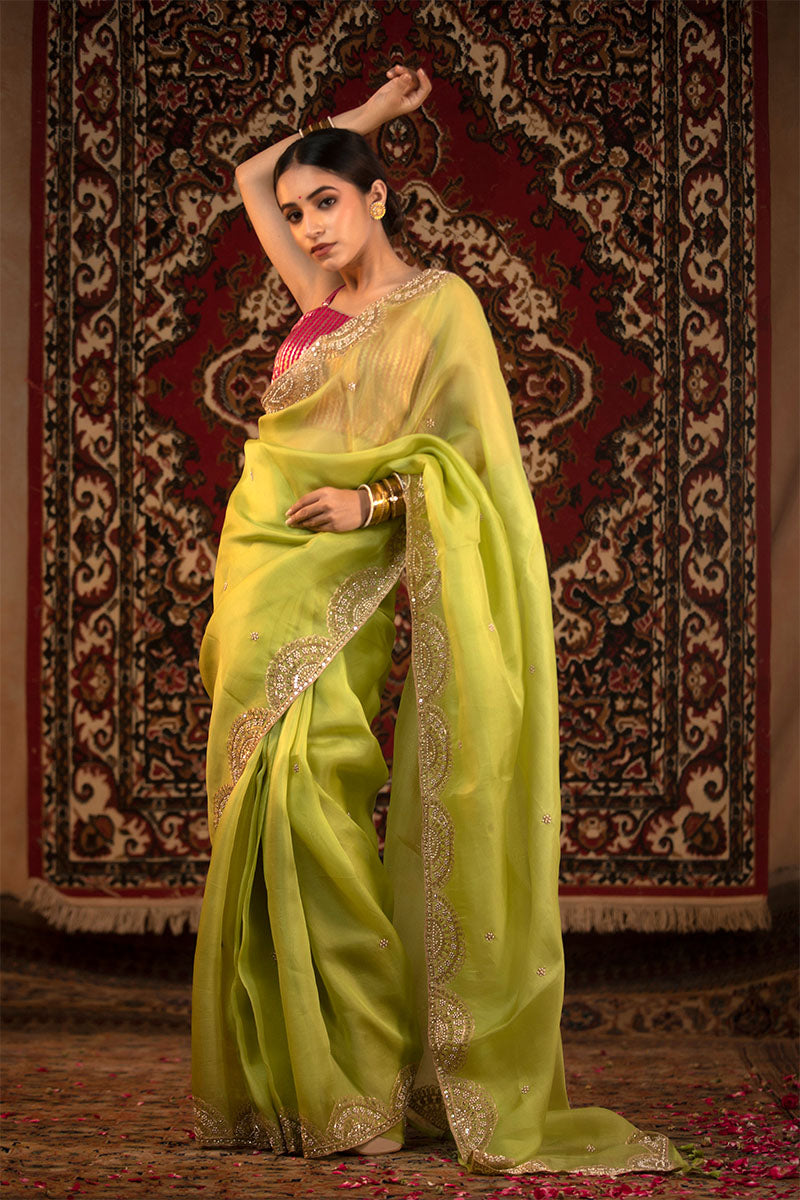 Parrot Green Embellished Organza Silk Saree