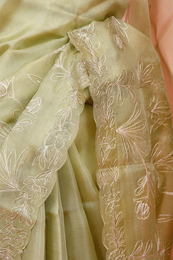 Leaf Green Embroidered Organza Silk Saree