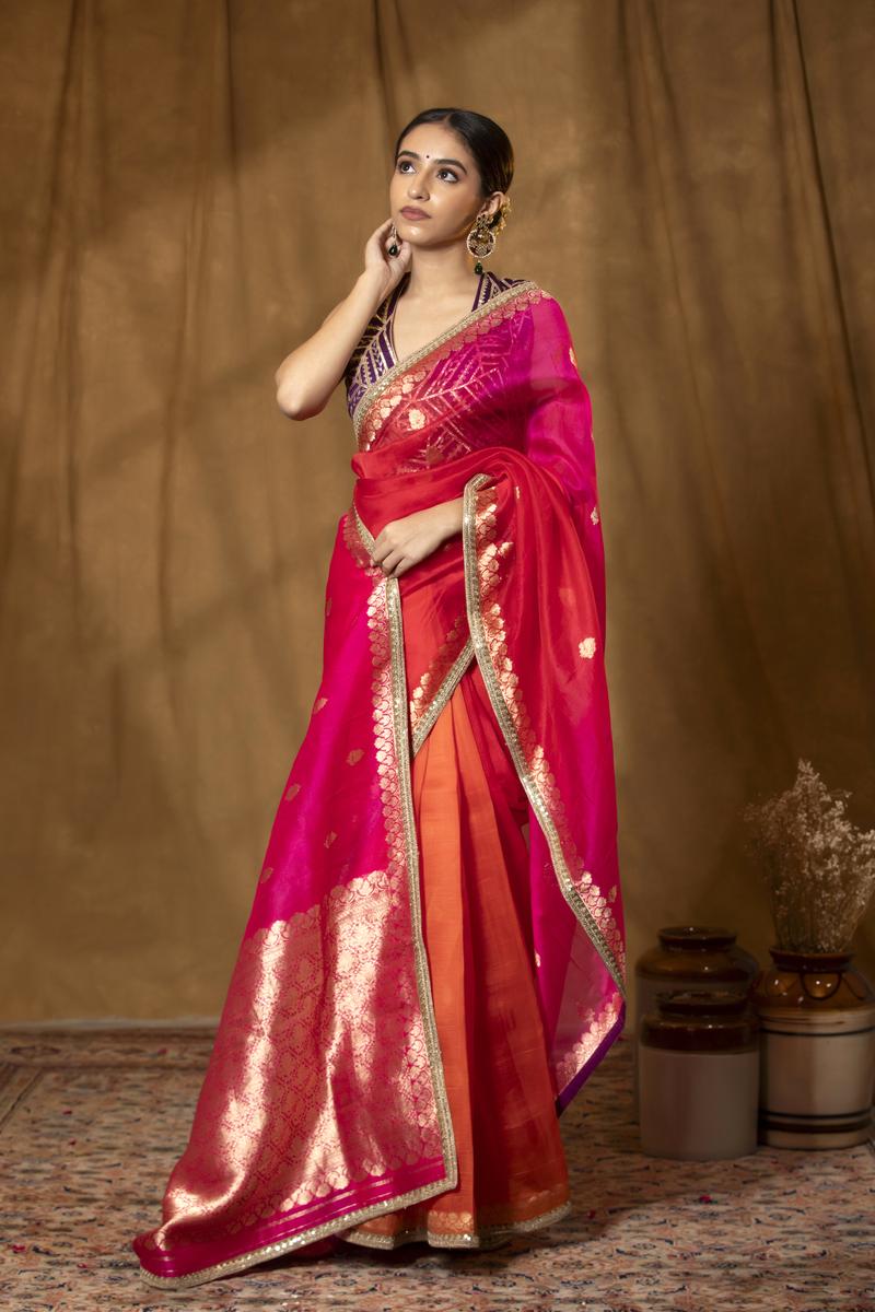 Reddish Pink Shaded Banarasi Organza Silk Saree
