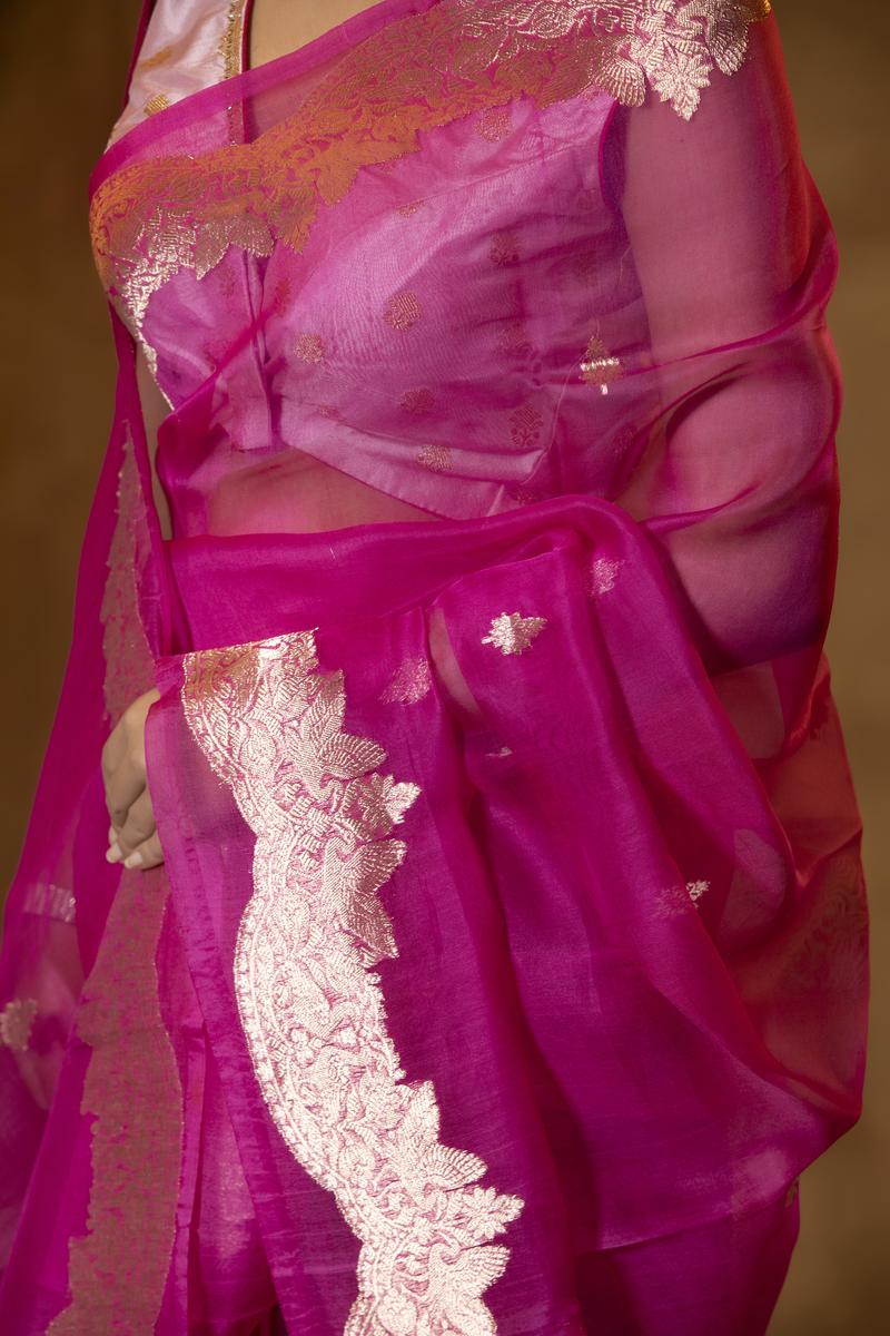 Rani Pink Handloom Organza Saree with Gold Zari Motifs