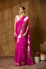 Rani Pink Handloom Organza Saree with Gold Zari Motifs