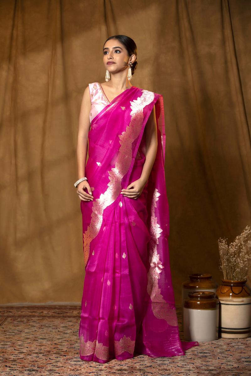 Rani Pink Handloom Organza Saree with Gold Zari Motifs