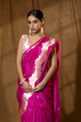 Rani Pink Handloom Organza Saree with Gold Zari Motifs