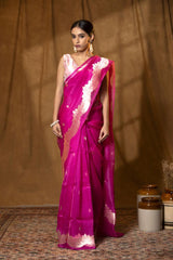 Rani pink saree, organza saree, wedding saree, silk saree, handloom saree, party wear saree, indian saree