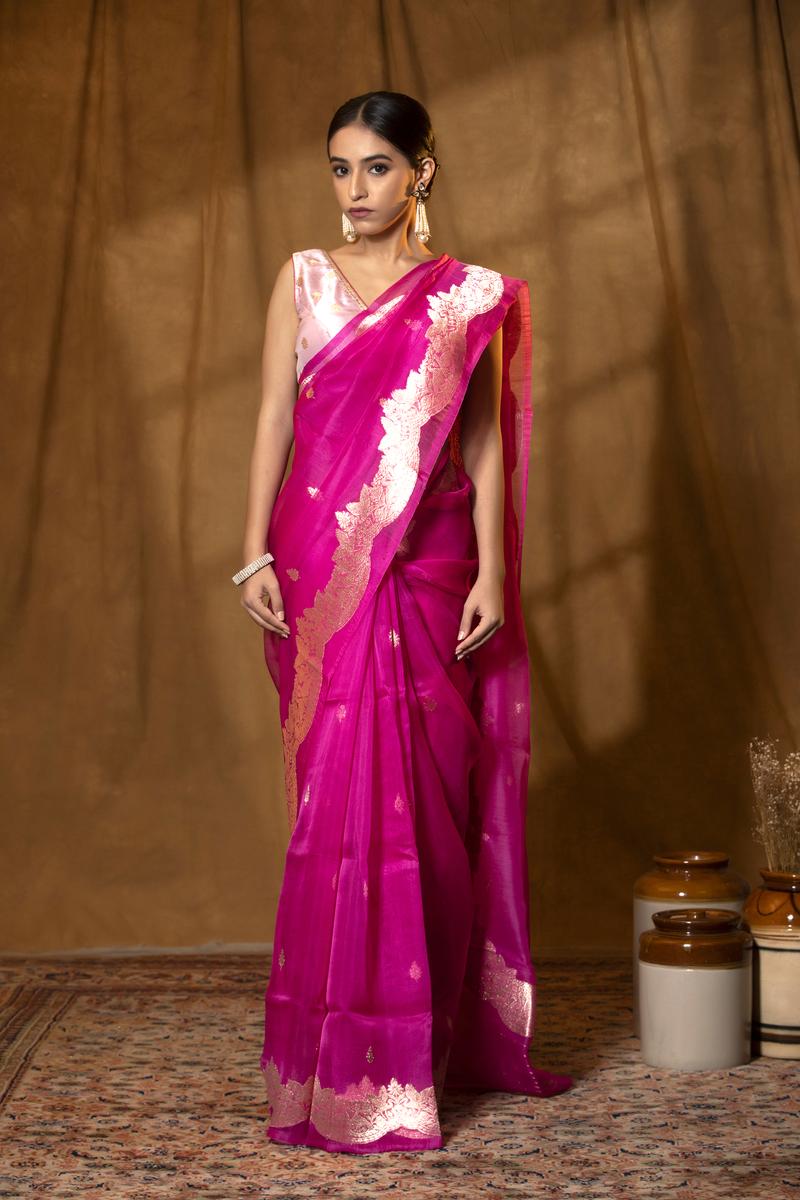Rani pink saree, organza saree, wedding saree, silk saree, handloom saree, party wear saree, indian saree