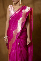 Rani Pink Handloom Organza Saree with Gold Zari Motifs