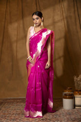 Rani Pink saree, organza saree, wedding saree, silk saree, handloom saree, party wear saree, indian saree