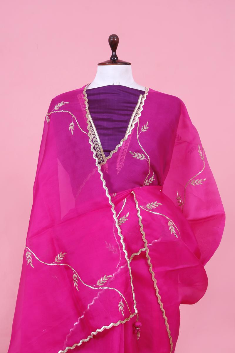 Pink Organza Silk Saree with Embellished Lehariya Design Work