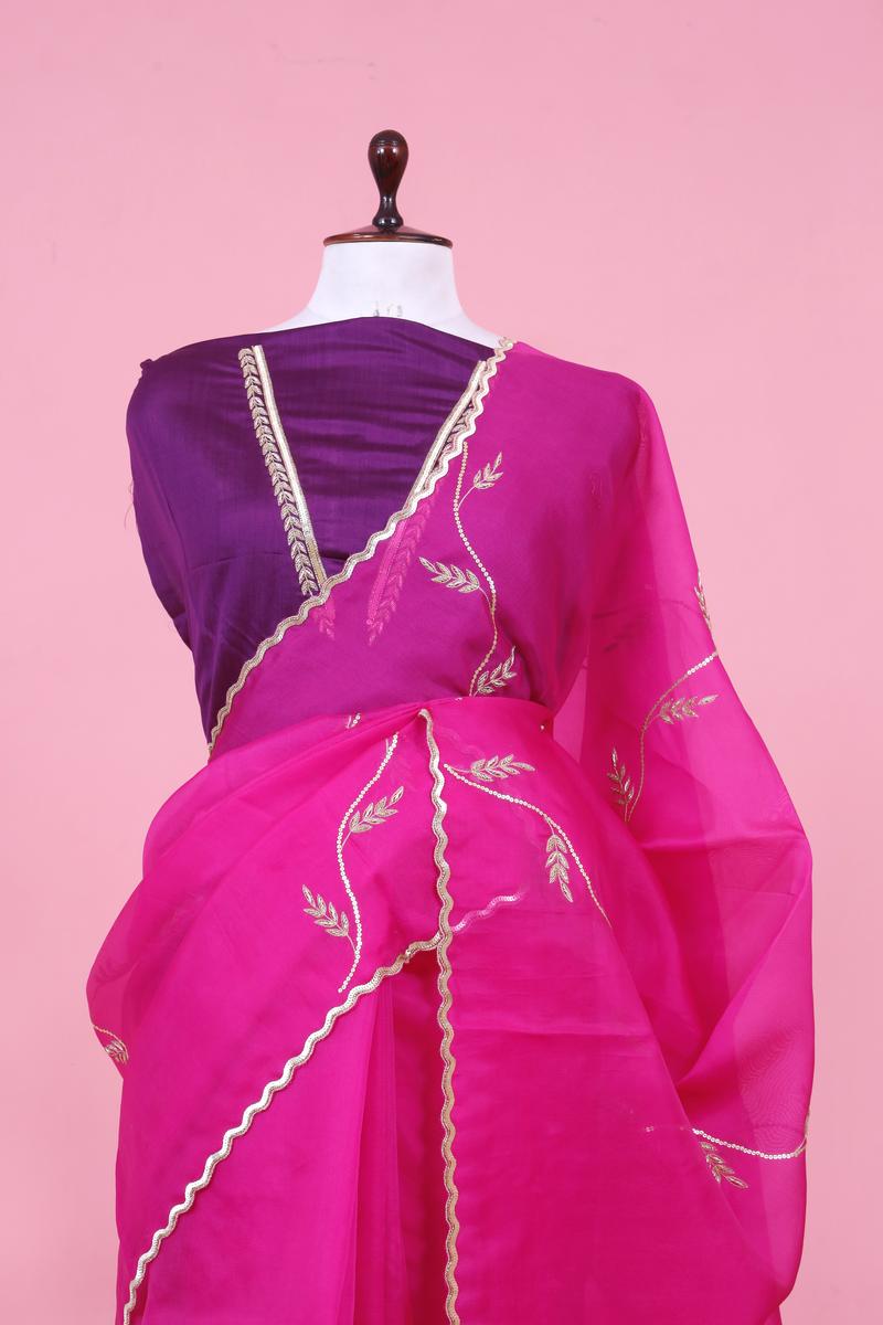 Pink Organza Silk Saree with Embellished Lehariya Design Work