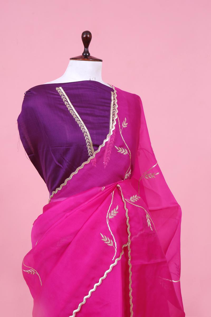 Pink Organza Silk Saree with Embellished Lehariya Design Work