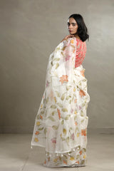 Off-White Organza Silk Saree with Floral Prints