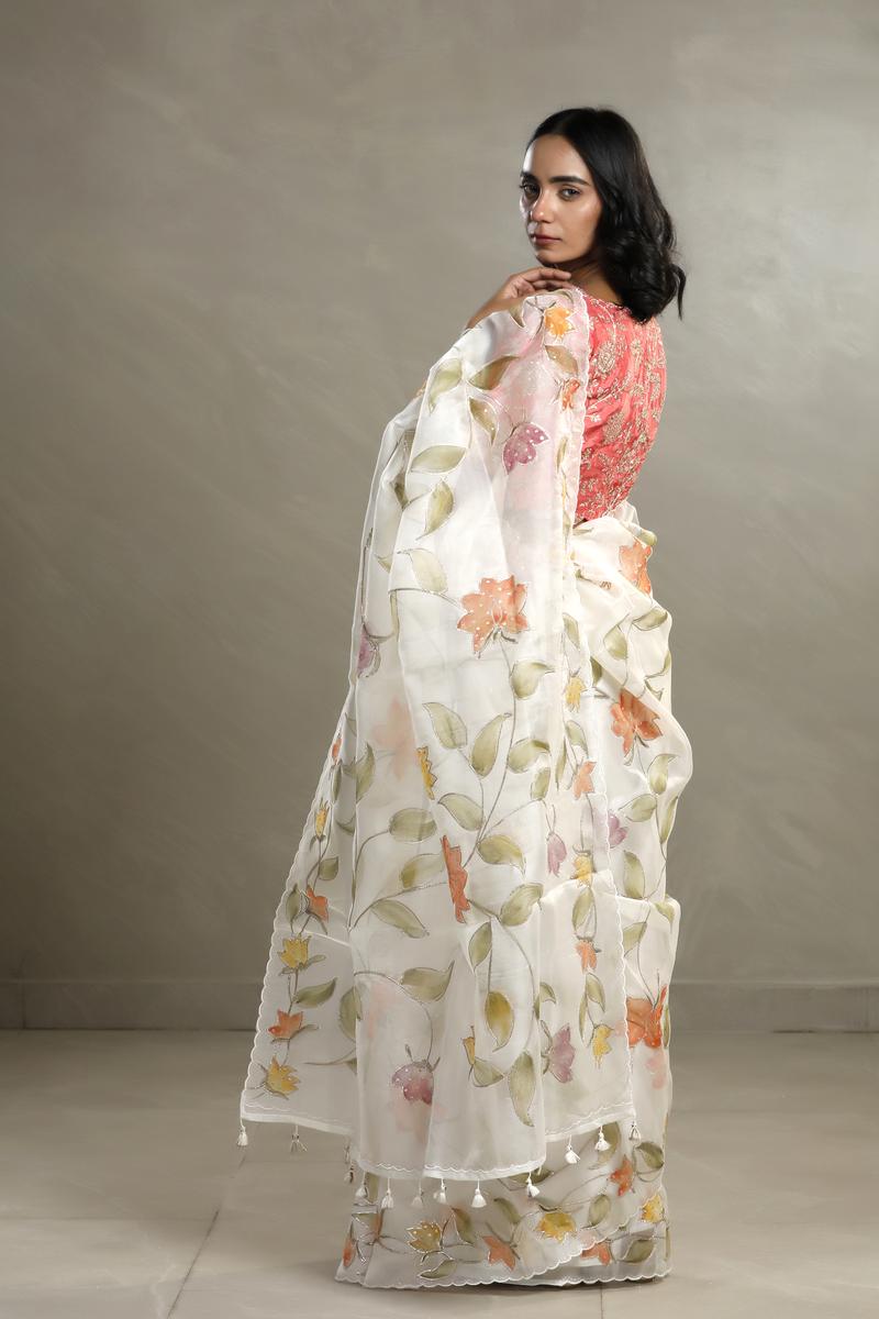 Off-White Organza Silk Saree with Floral Prints