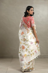 Off-White Organza Silk Saree with Floral Prints