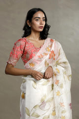 Off-White Organza Silk Saree with Floral Prints