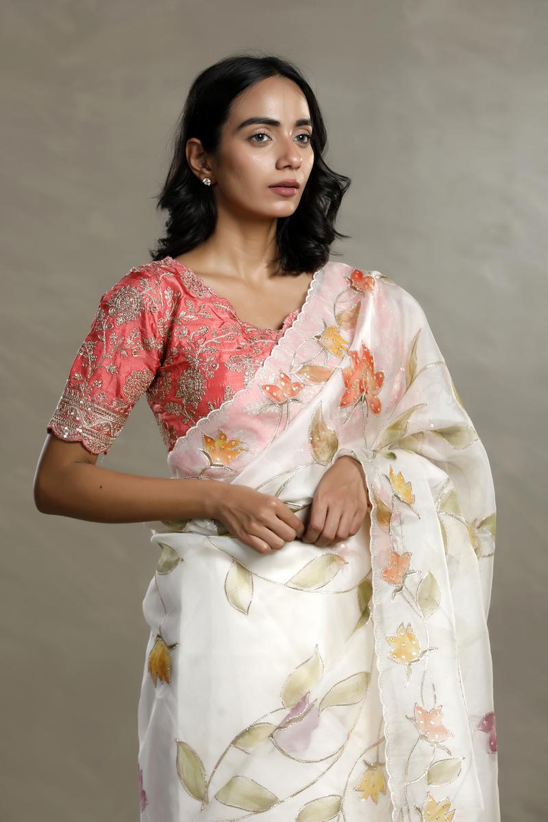 Off-White Organza Silk Saree with Floral Prints