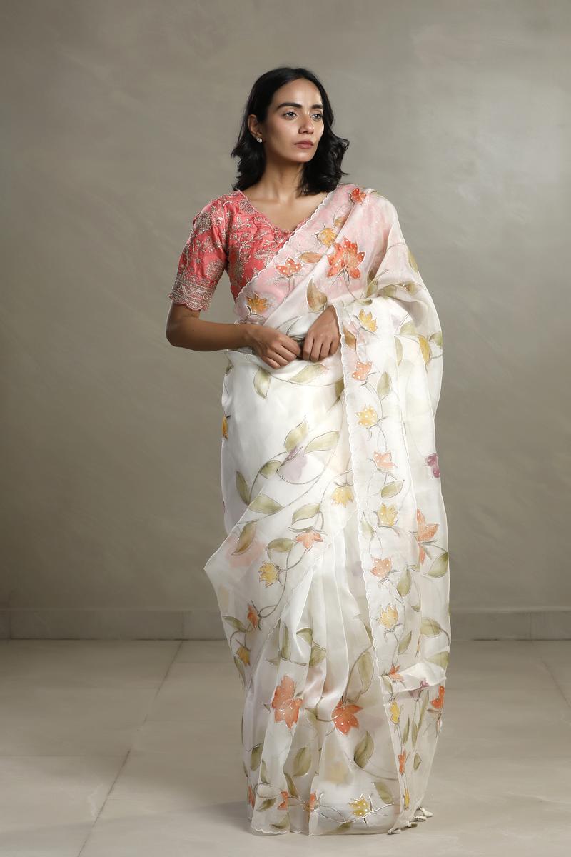 Off-White Organza Silk Saree with Floral Prints