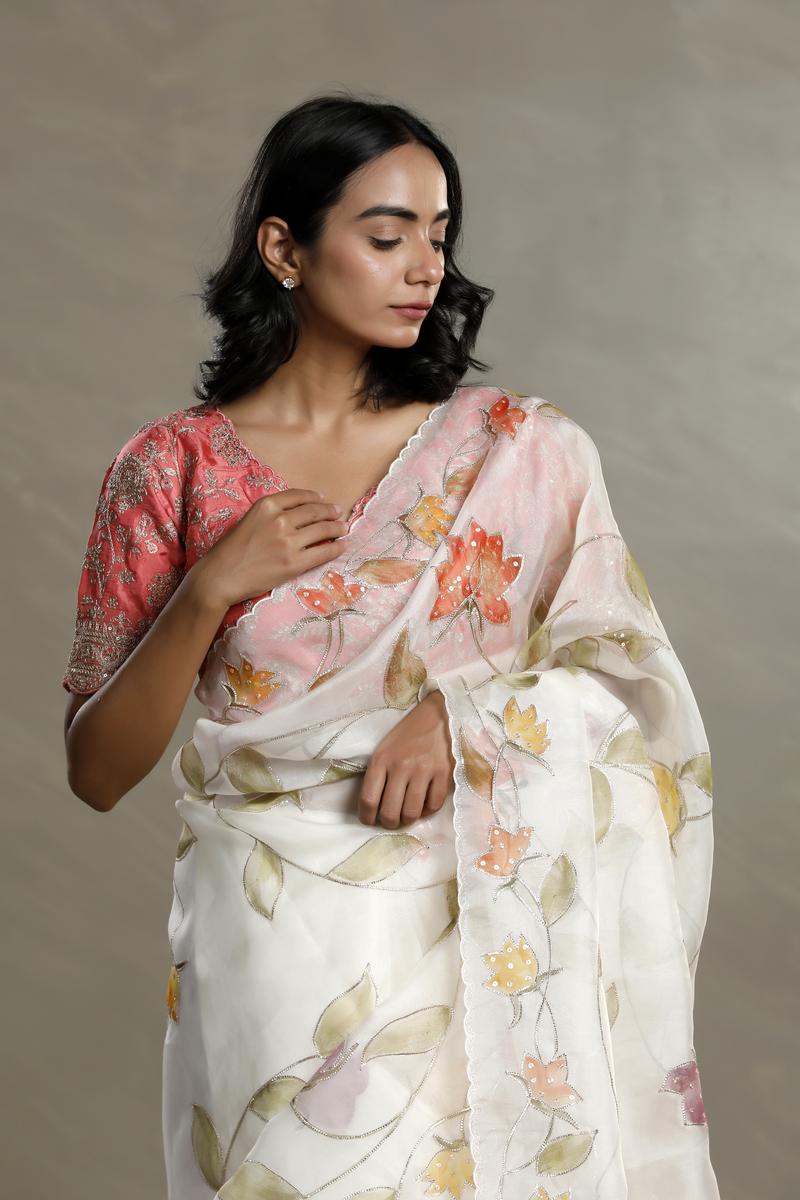 Off-White Organza Silk Saree with Floral Prints