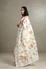 Off-White Organza Silk Saree with Floral Prints
