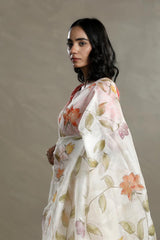Off-White Organza Silk Saree with Floral Prints