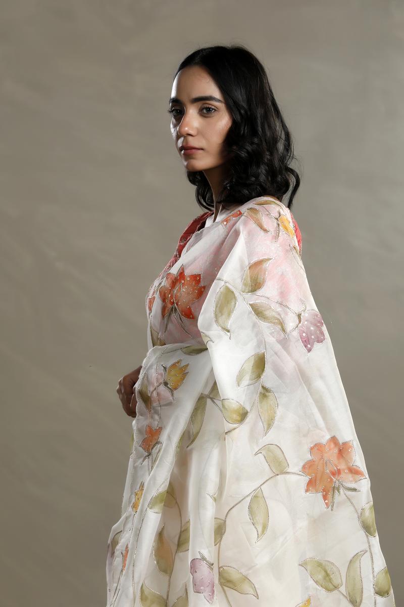 Off-White Organza Silk Saree with Floral Prints