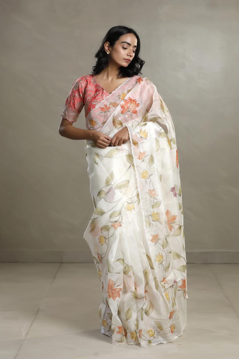organa silk saree, organza saree, off white saree,Bollywood saree, Banarasi saree, party wear saree, Wedding Saree
