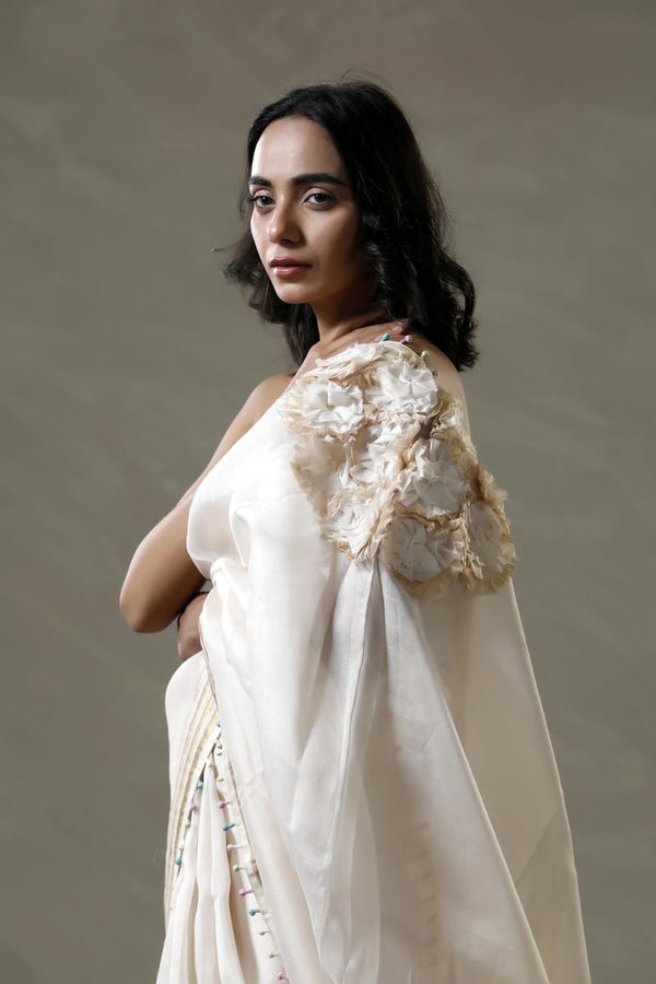 White Handloom Organza Saree with Floral Patch Pallu
