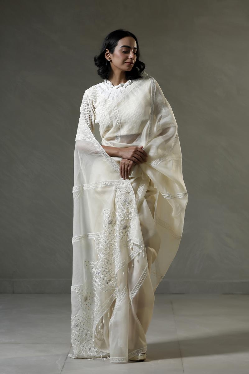 Ananya Pandey Inspired Off-White Organza Silk Saree with Mughal-Inspired Pallu