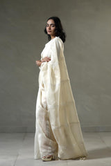Ananya Pandey Inspired Off-White Organza Silk Saree with Mughal-Inspired Pallu