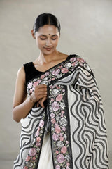 Black and White Organza Silk Saree with Leheriya Stripes