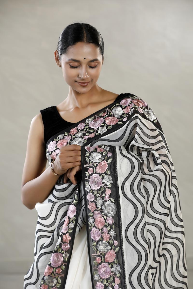 Black and White Organza Silk Saree with Leheriya Stripes