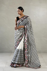 Black and White Organza Silk Saree with Leheriya Stripes