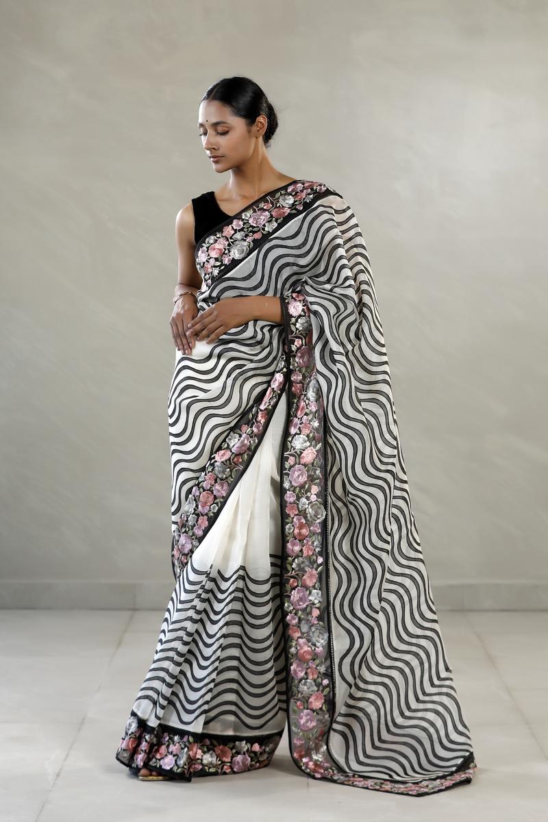 Black and White Organza Silk Saree with Leheriya Stripes