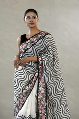Black and White Organza Silk Saree with Leheriya Stripes