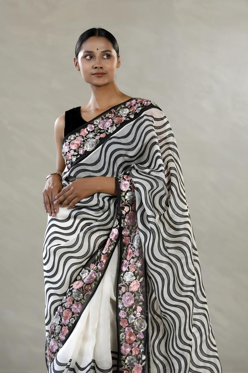 Black and White Organza Silk Saree with Leheriya Stripes