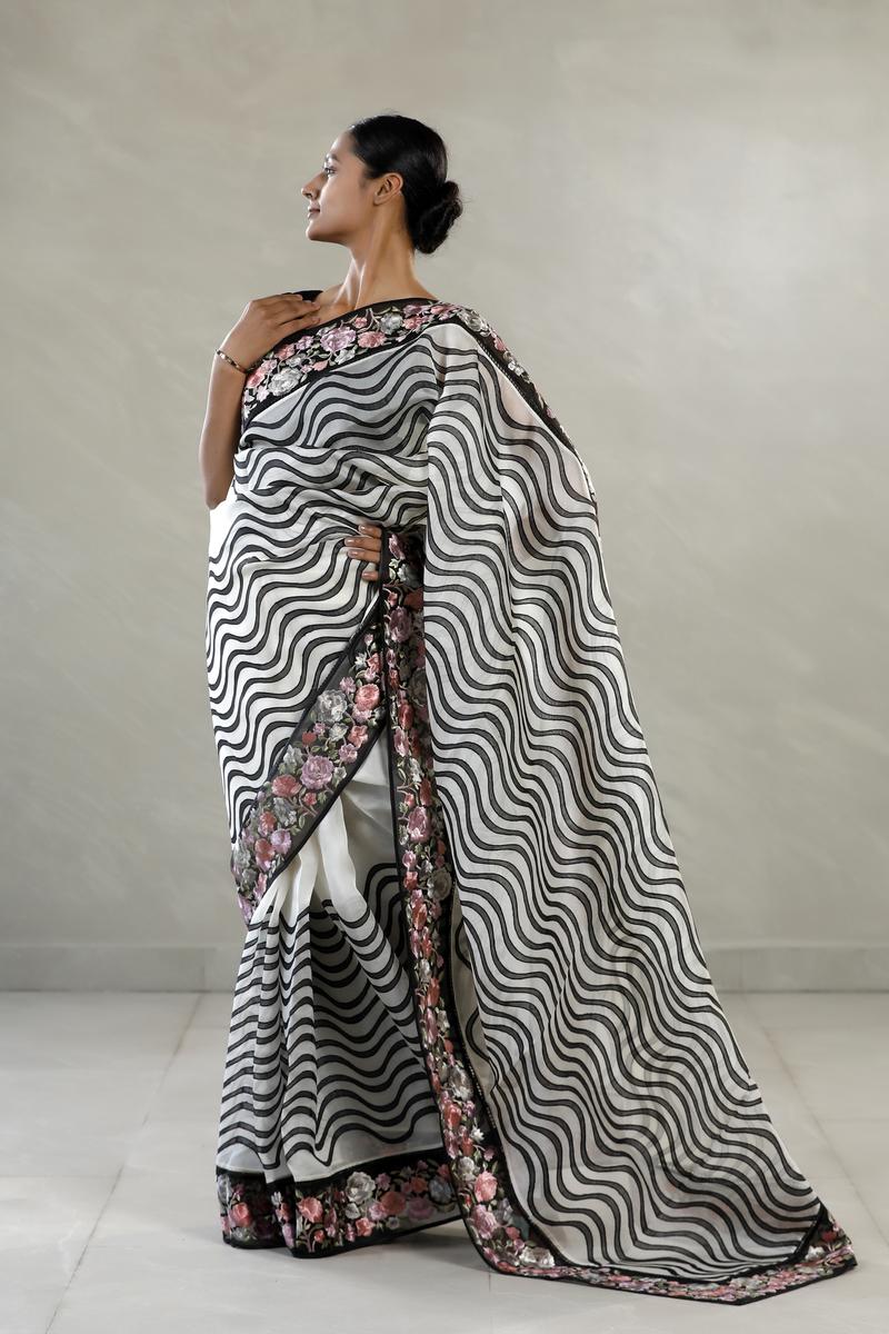 Black and White Organza Silk Saree with Leheriya Stripes