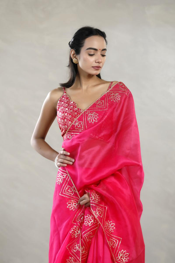Fuchsia Pink Organza Silk Saree with Gota Patti